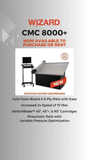 The CMC 8000 is NOW available for purchase and rent! Discover why our 8000 is the perfect choice: user-friendly, cost-effective, and incredibly capable. Here's what sets it apart: ✂️ Cut Foam Board & 8-Ply Matboard with Ease 🚀 2x Increased Speed of 15”/Sec 🗡️ SwitchBlade™ 45º, 45º , and 90º Cartridges ⚙️ Pneumatic Rails with Variable Pressure Optimization 💻 Powered by FrameShop™ Software 📏 40” x 60” Maximum Material Size 🛠️ Compatible with Debossing Kit Ready to elevate your creations? Upgr