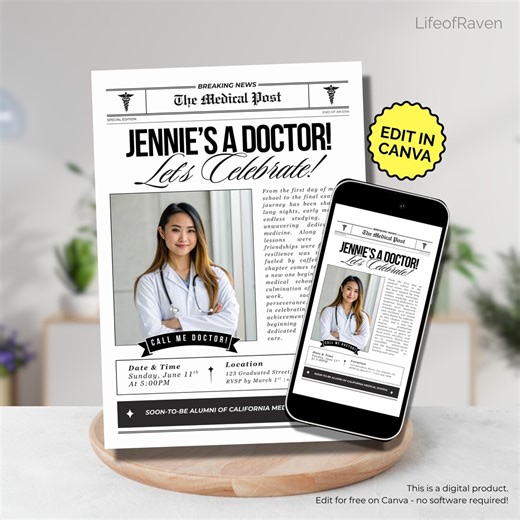 Medical School Graduation Invitation Template Editable Canva New Doctor Digital Party Invite Card Funny Photo Newspaper Med Student Graduate - Etsy