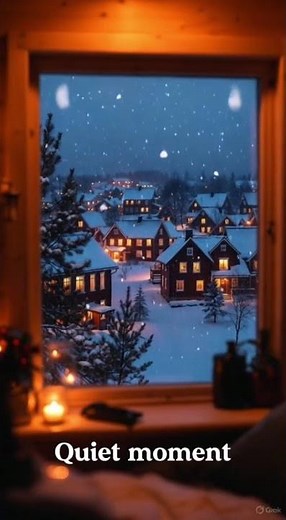 Scandinavian Winter Village Window — Cozy Snowfall Ambience