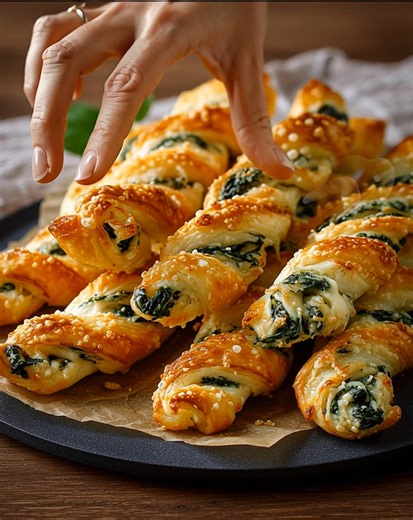 Parmesan and Spinach Cheese Twists Ingredients 1 sheet puff pastry (about 250 g), thawed if frozen 1 tablespoon butter or olive oil 2 cloves garlic, minced ...... Full Recipe in Coʍmеոτ 💬 | Made By Luna