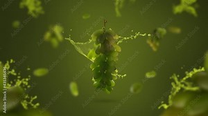 Green grape floating with water splash, Realistic fruit motion graphics