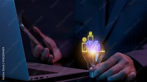 Profit high growth percent icon, stocks, financial, Interest rate and dividend concept. Businessman showing glowing lightbulb and animation of dollar sign graph and chart with percentage icon.