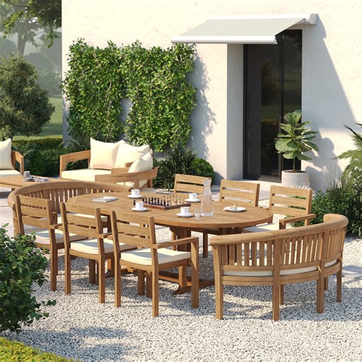 Teak 180–240cm Oval Extending Table with 6 Marlow Stacking Chairs & 2 San Francisco Benches – Teak Garden Dining Set