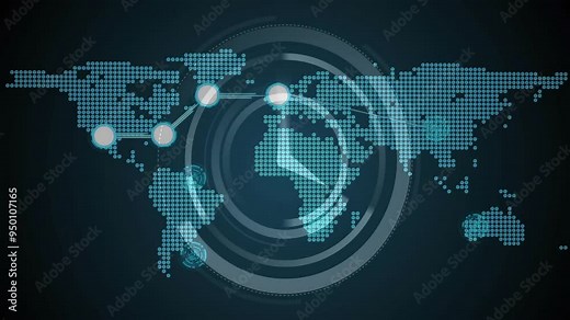 World map with connecting lines and nodes, global network animation