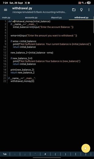 BANK ACCOUNTING PROGRAM || code in link #python #shorts