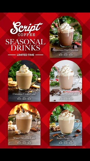 🎄✨ It’s the most wonderful sip of the year! Holiday drinks drop TOMORROW (11/14) at Script Coffee! Come be the first to taste the magic. 🎅❤️ Not pictured: Candy Cane Cold Brew. | Script Coffee