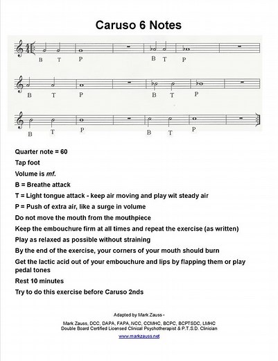 Mark Zauss, Range Building exercises, Caruso 6 notes for Trumpet players