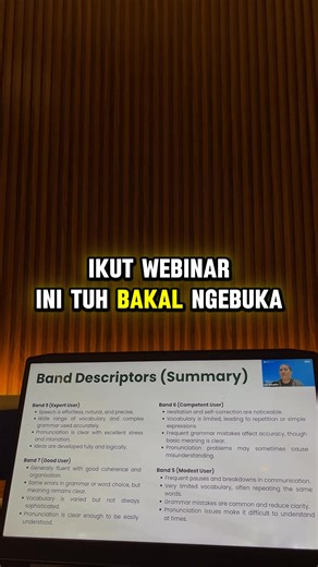 Webinar ini bantu kamu lebih Pede saat test Speaking IELTS dipandu langsung oleh alumni University of Edinburgh (LPDP Awardee) 📚 Mastering IELTS – Speaking Skill 💻Jumat, 07 Nov | (19.00–21.00 WIB) 💻 Full Online via Zoom 🎁 Bonus: Rekaman E-Certificate 💸 Investasi: cuma Rp25K/sesi 👉 Daftar Sekarang & amankan kursimu sebelum penuh! #WebinarIELTS #BelajarIELTS #StudyAbroad #BeasiswaLuarNegeri | Tempat Kursus Indonesia
