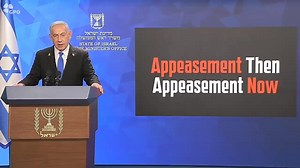 Prime Minister Benjamin Netanyahu: "I want to talk to you about appeasement then and appeasement now. Before World War 2, the western countries tried to appease Hitler. He said, "Just give me a piece of Czechoslovakia and I'll make peace with you," and they cowed, and they bowed, and they yielded. And they gave Hitler a piece of Czechoslovakia and you know what happened next. Hitler invaded Czechoslovakia and then started the worst war in the History of the world- World War II. Well, today the w
