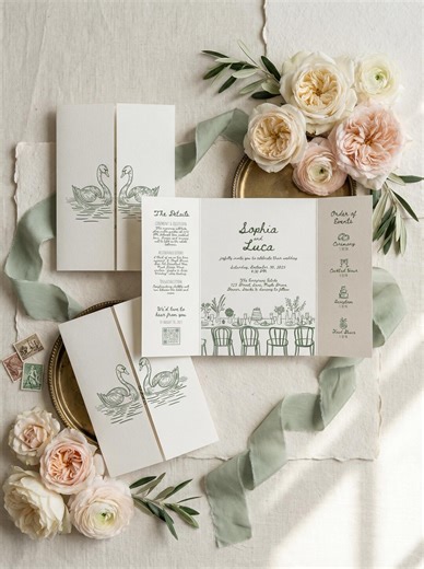 Whimsical Hand-drawn Gatefold Wedding Invitation Template | Olive Green | Editable Canva Wedding Invite - Etsy