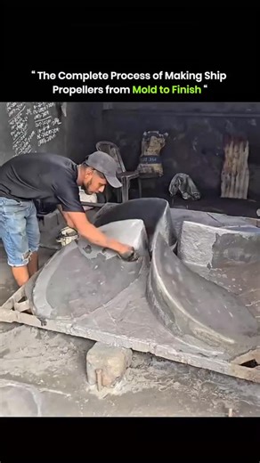 Random Clips on Instagram: "Ship propellers are built through a complex industrial process. Engineers start with computer models to design the blade shape for efficiency. A full-size wooden or wax pattern is made and packed in sand to form a mold. Molten bronze or nickel aluminum bronze is poured into the mold at temperatures above 1100°C. After cooling, the hardened casting is removed and rough surfaces are cleaned. Skilled workers machine, grind, and polish each blade to the correct profile. E