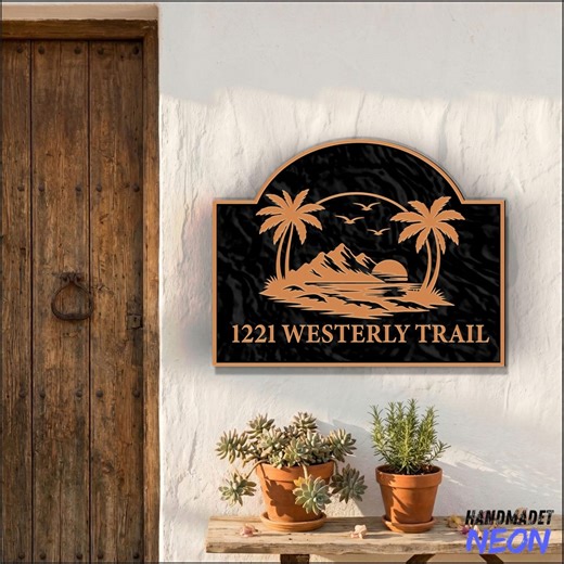 Coastal Beach Address Sign, Palm Tree & Bird House Number Plaque, Brass Address Sign Plate - Etsy Canada