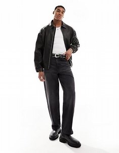 ASOS DESIGN oversized faux leather bomber jacket in black | ASOS