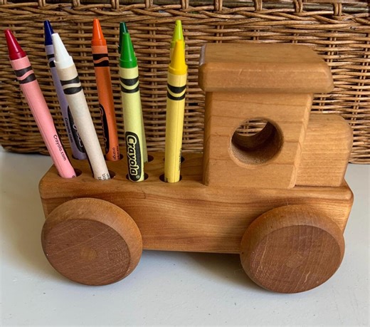 Wooden Train Crayon Holder Toy Storage Kids Desk Organizer Handmade Wood Pencil Holder Nursery Decor