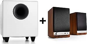 Audioengine A2 HD Walnut Powered Bluetooth Speakers and S8 White Subwoofer Bundle