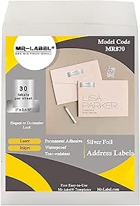 Mr-Label 1" x 2-5/8" Silver Foil Labels - for Inkjet & Laser Printer - Self Adhesive Stickers Address Labels for Wedding Favors |Hand Craft| Finishing Touch (20 Sheets)