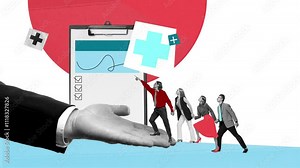 Medical team standing ready to provide care, shield in hand. Cover for essential health services. Animation. Stop motion. Concept of medicine, insurance, business, treatment