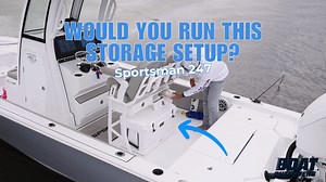 Jason’s on the 247 Sportsman checking out some of the gear we built for this boat — a freestanding tackle center and a cooler slide that make life on the water WAY easier. This setup keeps your tackle trays, lures, and gear dialed in while still making room for your cooler. Slide it in, slide it out, grab a cold one, and get back to fishing without missing a beat. Solid storage, clean setup, and built to make your day on the water smoother. What do you think, would you run this on your boat? | B