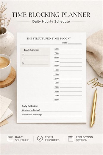 Time Blocking Planner Printable | Daily Hourly Schedule PDF | Minimal Productivity Sheet | Structured Time Block - Etsy