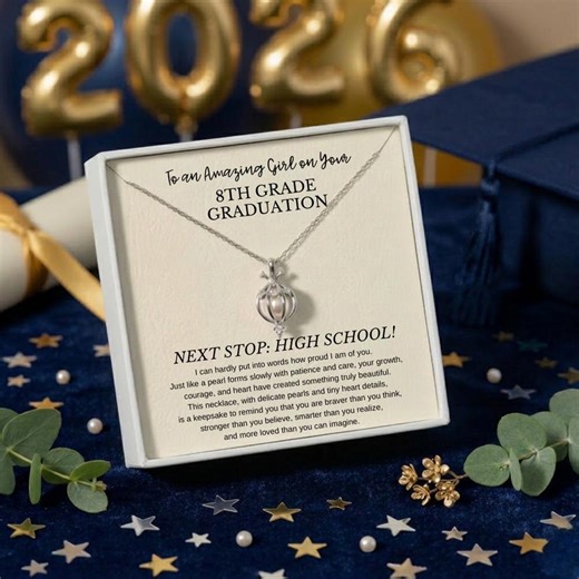 8th Grade Graduation Pearl Necklace with Heart Details, 925 Sterling Silver, Middle School Graduation Gift for Girls 2026