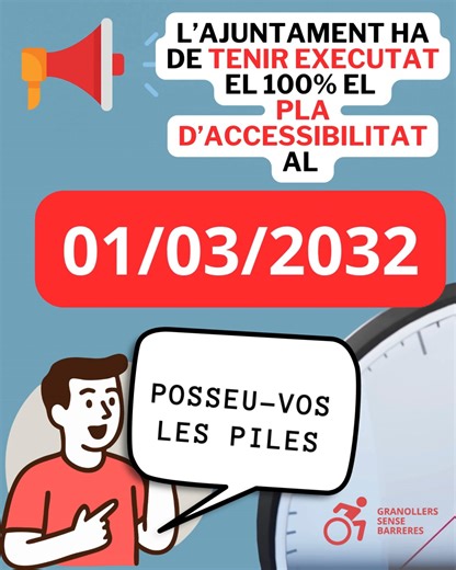 Granollers Sense Barreres on Instagram: "⏰RECORDATORI ⏰ 👉LA LLEI ⚖ OBLIGA A QUE L'AJUNTAMENT EXECUTI ELS PLAN D'ACCESSIBILITAT ABANS DEL 01/03/2032👈 Recordin @granollers alba_barnusell que el 01/03/2032 han de tenir executat al 100% el pla d'accessibilitat de #Granollers LLEIS QUE HAN DE COMPLIR : 🔥Llei 13/2014 d'accessibilitat Disposició addicional Primera. Plans d'accessibilitat 1. Les administracions públiques han de revisar els plans d'accessibilitat vigents en el moment de l'entrada en v