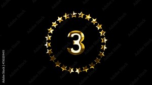 3 Number Gold metallic with star Animation with transparent background