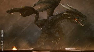 A big angry dragon in the desert is fighting off its enemies. 3D animation fantasy background.