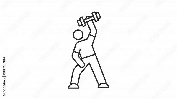 Fitness line animation. Workout animated icon. Moving person, dumbbell. Training man. Healthcare, bodybuilding. Black illustration on white background. HD video with alpha channel. Motion graphic
