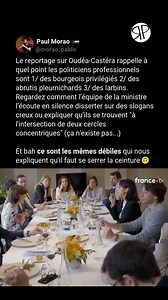 Le reportage sur Oudéa-Castéra permet de voir à quel point les politiciens professionnels sont 1/ des bourgeois privilégiés 2/ des abrutis 3/ des larbins. Regardez comment ils écoutent en silence la ministre disserter sur des slogans creux ou expliquer que son équipe se trouve "à l'intersection de deux cercles concentriques" (ça n'existe pas...) Et bah ce sont les mêmes débiles qui nous expliquent qu'il faut se serrer la ceinture 🙃 ~ par @morao_pablo | Révolution Permanente
