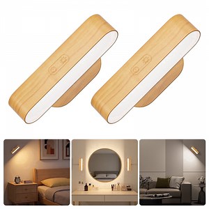 Battery Operated Wall Sconces Set of 2, Wooden Rechargeable Wall Lights for Bedroom with 5 Color Temperatures, Magnetic Stick-On Design, Dimmable Wall Reading Lamps