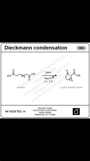 Organic Name Reactions on Instagram: "The Dieckmann condensation forms carbon–carbon bonds by closing a diester into a cyclic β-keto ester through an intramolecular Claisen condensation. Introduced by Walter Dieckmann in 1894, it demonstrated how simple base-catalyzed steps could transform flexible chains into well-defined rings. Learn · Review · Repeat"