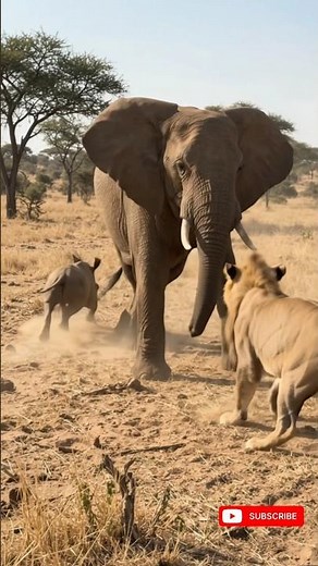 Title: Elephant SAVES Baby Rhino from Lion! 🐘🦁 #Safari #ElephantSavesRhino