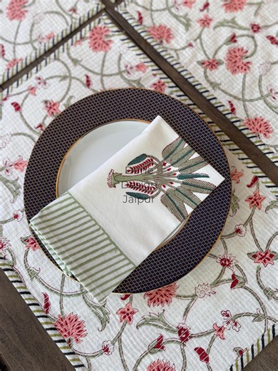 Reversible Block Print Placemat | Hand Quilted Cotton | Turquoise Floral & Geometric Pattern | Farmhouse Table Decor - Etsy