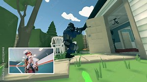 Augmented reality, futuristic gaming technology, virtual 3D video game concept. A girl is playing a 3D-shooter while wearing VR-headset