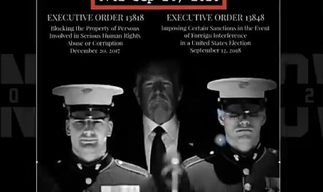 Post 🇺🇸&🇫🇷 2 min 45 sec videohttps://t.co/pNFiMGWytb‼️🇺🇸 4 IMPORTANT EXECUTIVE ORDERS SIGNED BY DONALD TRUMP WITH THE BACKING OF THE MILITARY. The “AND WE KNOW” reporter says (see at 1 min 31 sec): Remember the following executive orders from Donald Trump: 1.Executive Order 13818: Blocking the Property of Persons Involved in Serious Human Rights Abuse or Corruption (December 2017) : https://t.co/qtl4pfWM4D2.Executive Order 13848: Imposing Certain Sanctions in the Event of Foreign Interfere