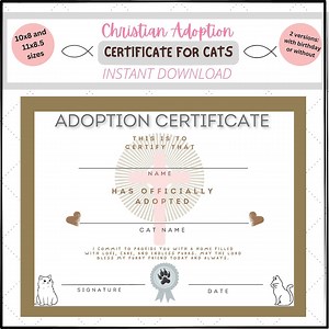 Christian Cat Adoption Certificate: Bronze, Pink, Silver (Digital Download)
