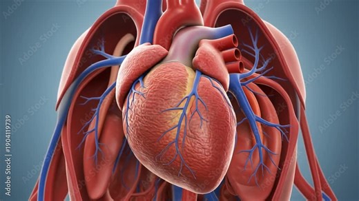 Human heart with arteries and veins on a blue gradient background for medical or educational use