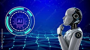 Robot with AI icon on virtual background provide access information. Artificial intelligence digital chat bot, machine learning, big data