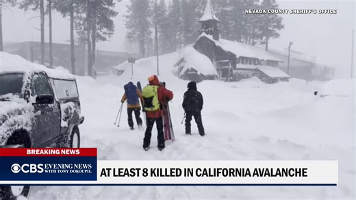 California rescue crews found eight skiers dead on Wednesday near Lake Tahoe after an avalanche left many unaccounted for. Officials believe a ninth skier who remains missing was also killed. It has become the fourth deadliest avalanche in U.S. history and the deadliest in California's history. https://cbsn.ws/3ZF0Er7 | CBS Evening News