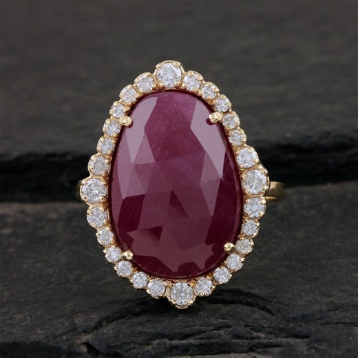 Natural Ruby Ring: 8.10 Ct Oval Gemstone, 14k Yellow Gold & Pave Diamond - Etsy