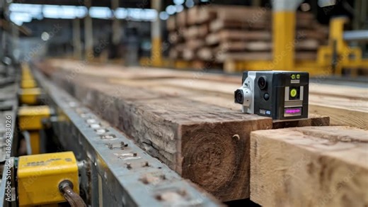 Industrial camera setup monitoring lumber grading on a production line analyzing color knots and grain patterns for consistent product quality assurance.
