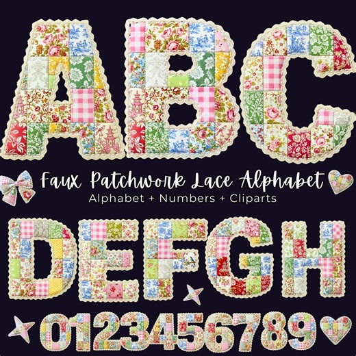 Faux Patchwork Lace Alphabet PNG Bundle, Cottagecore Floral Letters, Vintage Shabby Chic Alphabet, Quilt Patchwork Font, Floral Lace Letters - Etsy