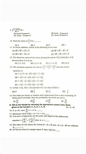 2 PUC preparatory exam maths question paper