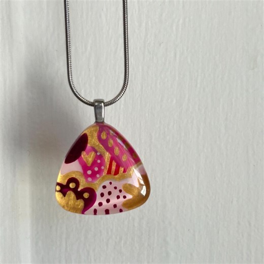 Hand-painted Glass Pendant Necklace | Pink Red Gold | Stainless Steel Chain - Etsy