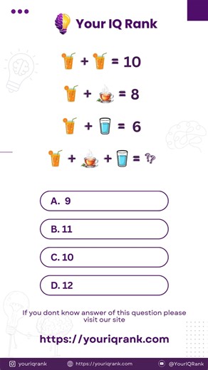 🍹 Visual Math Puzzle: Find the Sum! Solve this fun picture equation! What is the value of the juice, cup of tea, and glass of water combined? 🤔 Let's find out your math IQ! #MathPuzzle #PicturePuzzle #BrainTeaser #IQChallenge #SolveIt #LogicGames | Your IQ Rank
