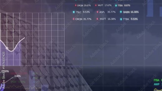 Animation of trading boards, graphs and computer language over solar panel against cloudy sky