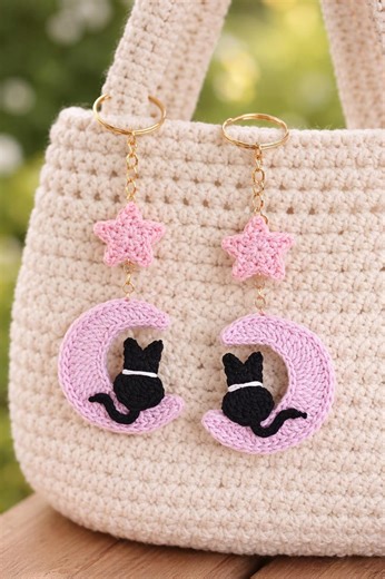 Crochet Cat Moon Keychain Pattern | Crescent Cat Star Amigurumi PDF Download - Etsy