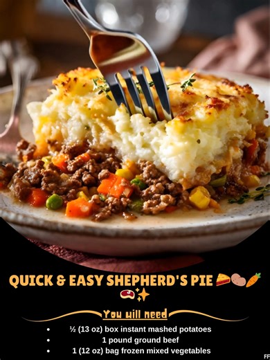 Quick ☺️ & Easy Shepherd's Pie 🥧🥔🥕🥩✨ Quick, easy shepherd's pie with tomato soup and instant mashed potatoes. Perfect for busy families! Ingredients: For the mashed potato topping: ½ (13 oz) box instant mashed potatoes (plus butter, milk, salt per package) 1 pound ground beef 1 (12 oz) bag frozen mixed vegetables ..... Full Recipe in Coʍmеոτ 💬 👄 | Tasty Recipes