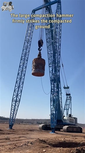 The large compaction hammer firmly strikes the compacted ground