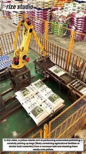 Industrial Robot in Action: Automatically Palletizing Bags at a Warehouse!